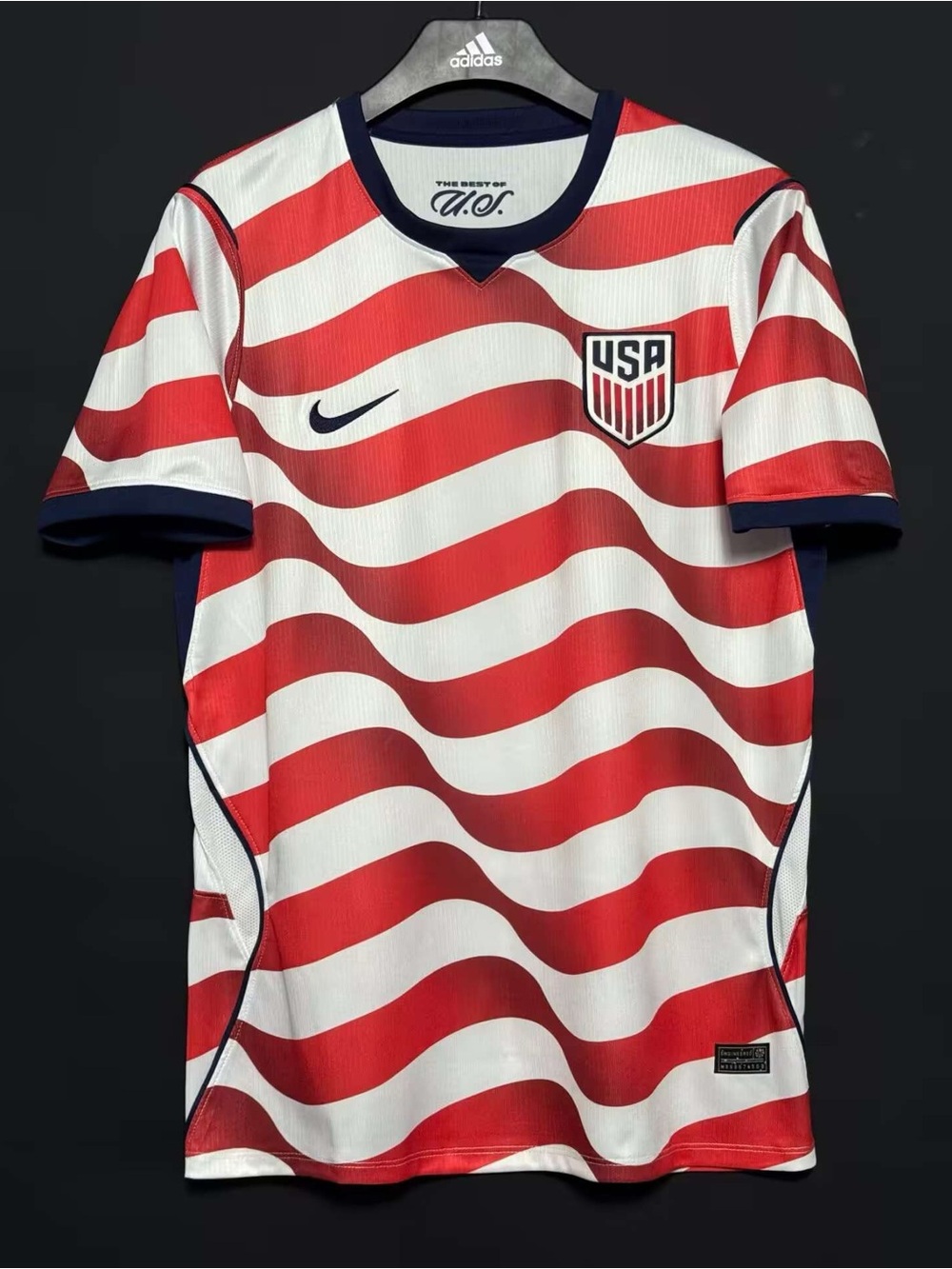 Men’s USA Red & White Wave Soccer Jersey with Navy Trim